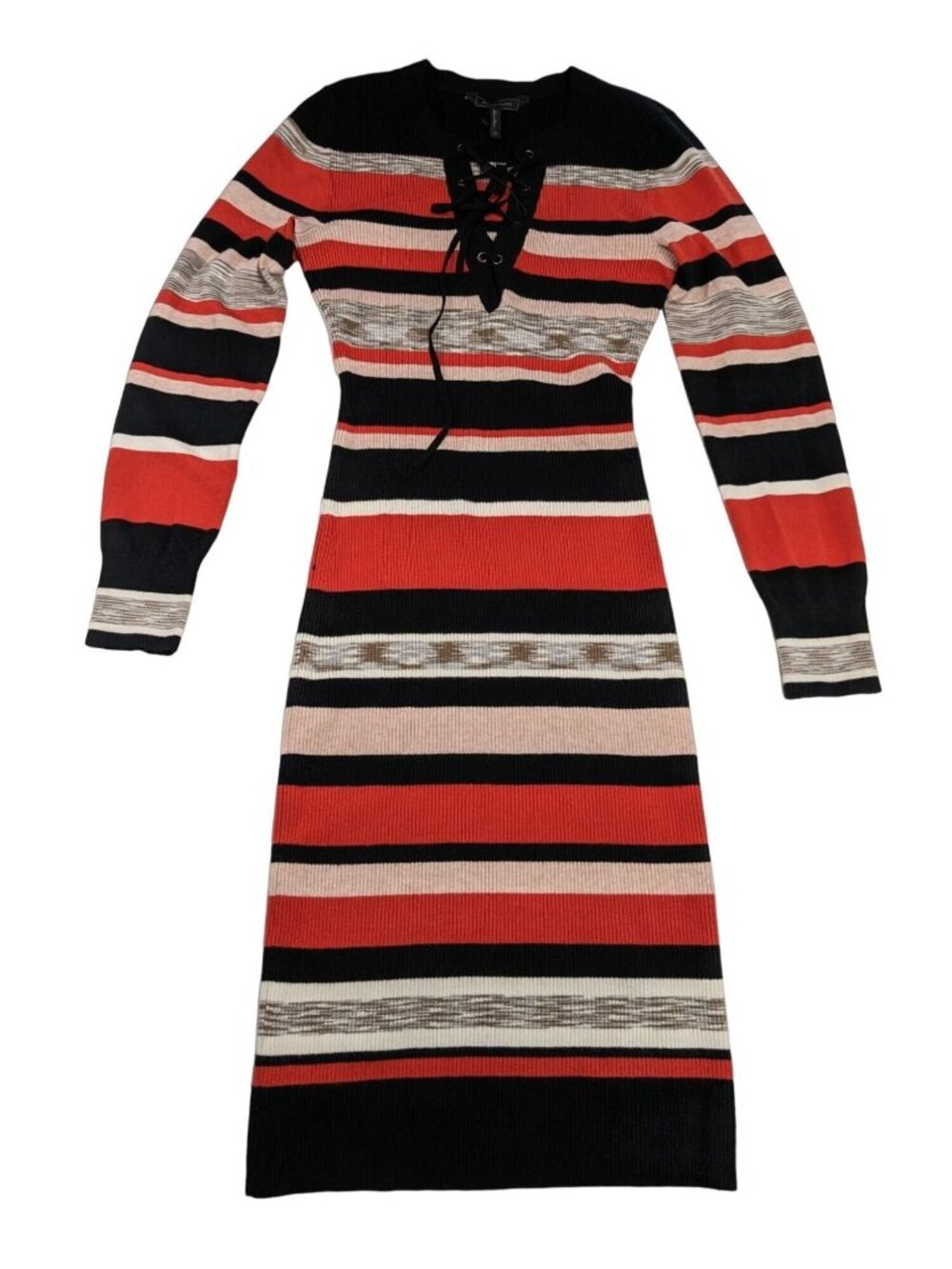 BCBGMaxazria Bodycon Sweater Dress Women Size M Striped Lace-Up Preppy Midi Cozy